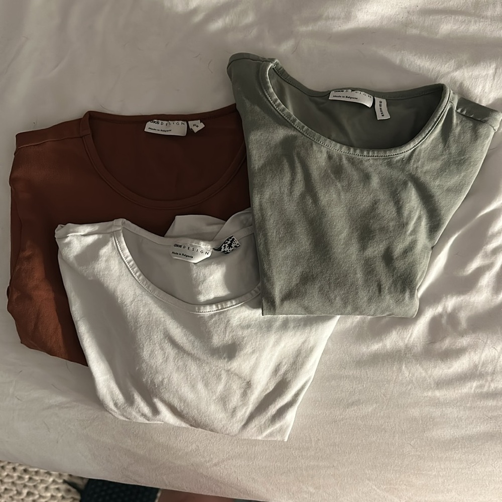Bundle of 3 Cotton tees - cropped short sleeves t-shirt white green tan